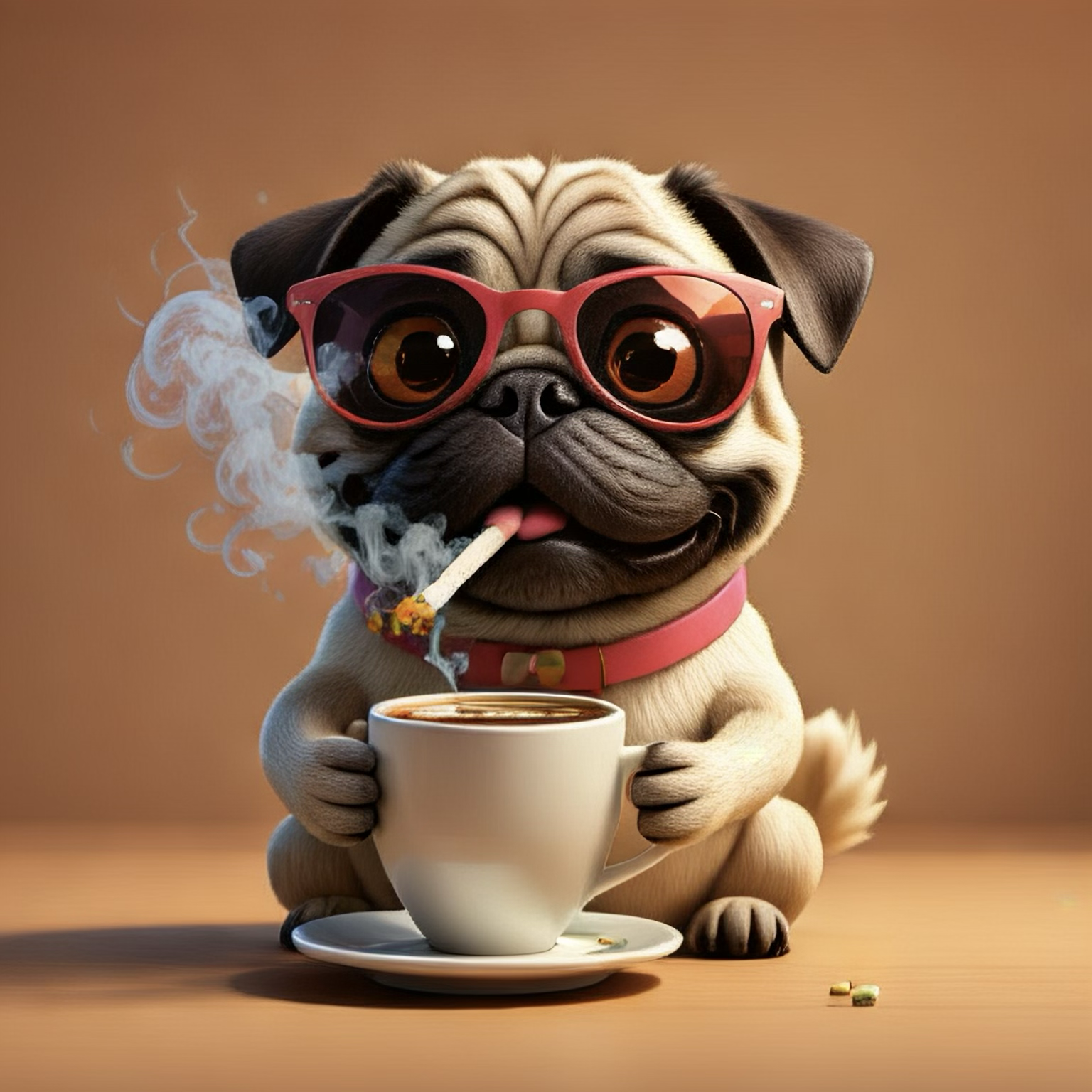 Pugish Dog with coffee and glasses